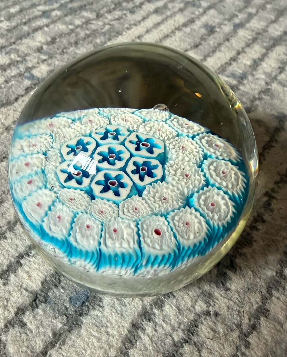 Vintage Fratelli Toso Murano Millefiori Glass Paperweight in Blue and White